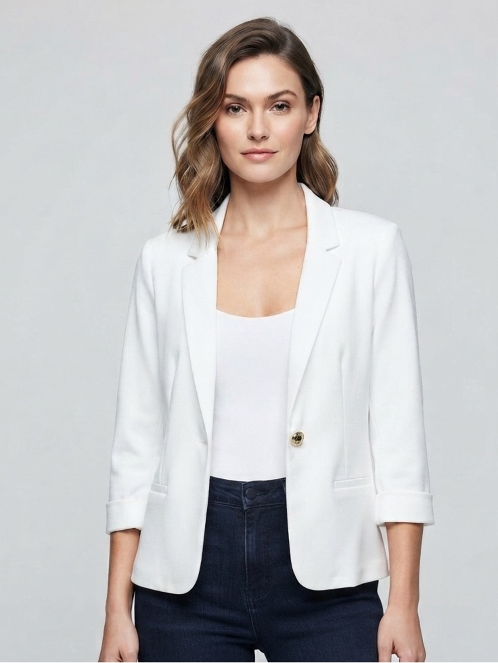 NYCC New York Clothing Co. White Open Front Blazer Size Medium 3/4 Cuffed Sleeve